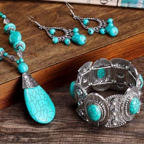 NWOT Fashion 3Pc Jewelry Set Women's Blue & Silver-tone Bohemian Faux Turquoise - Picture 1 of 6
